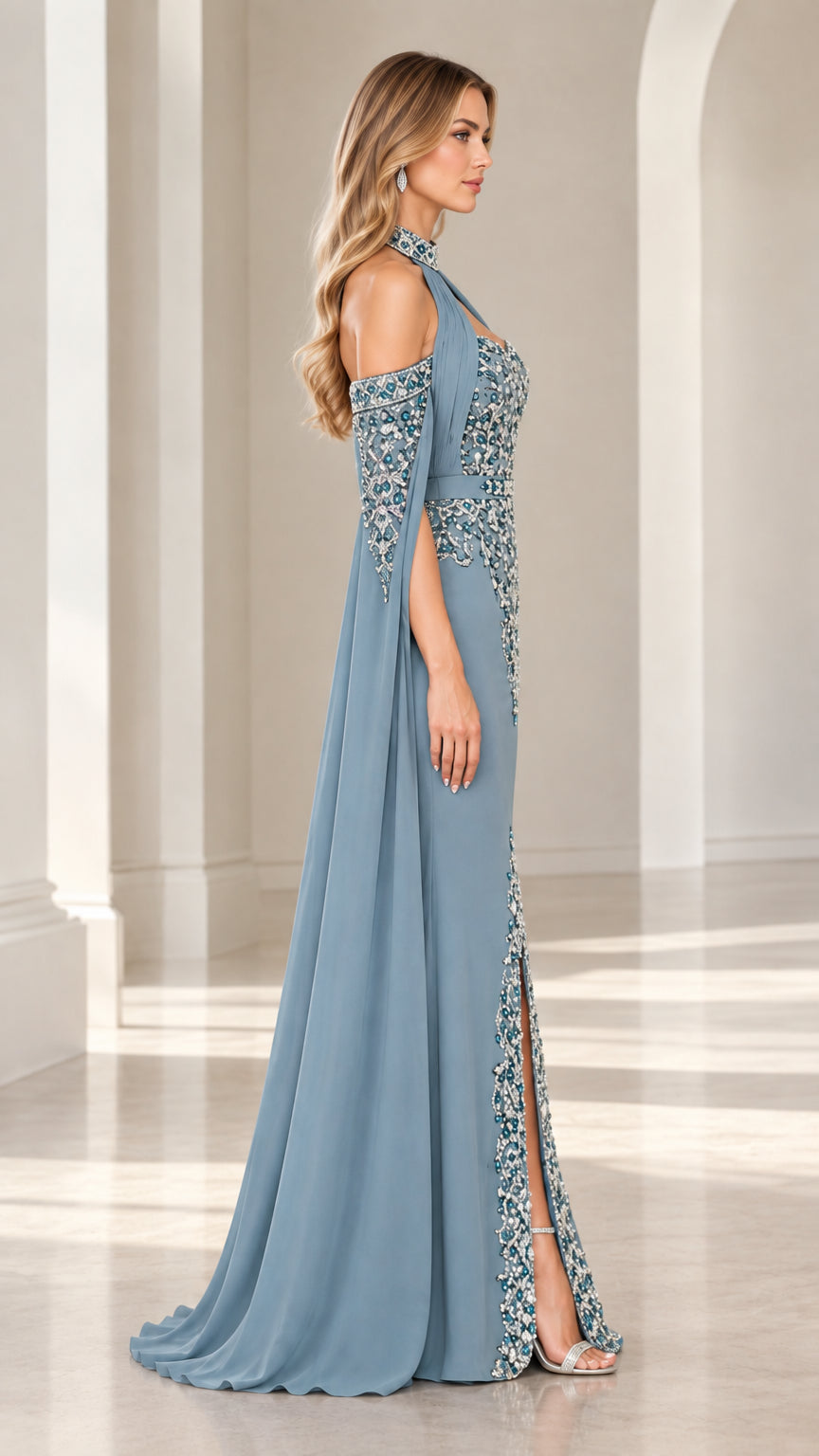 Side profile of dusty blue cape sleeve formal maxi dress with front slit