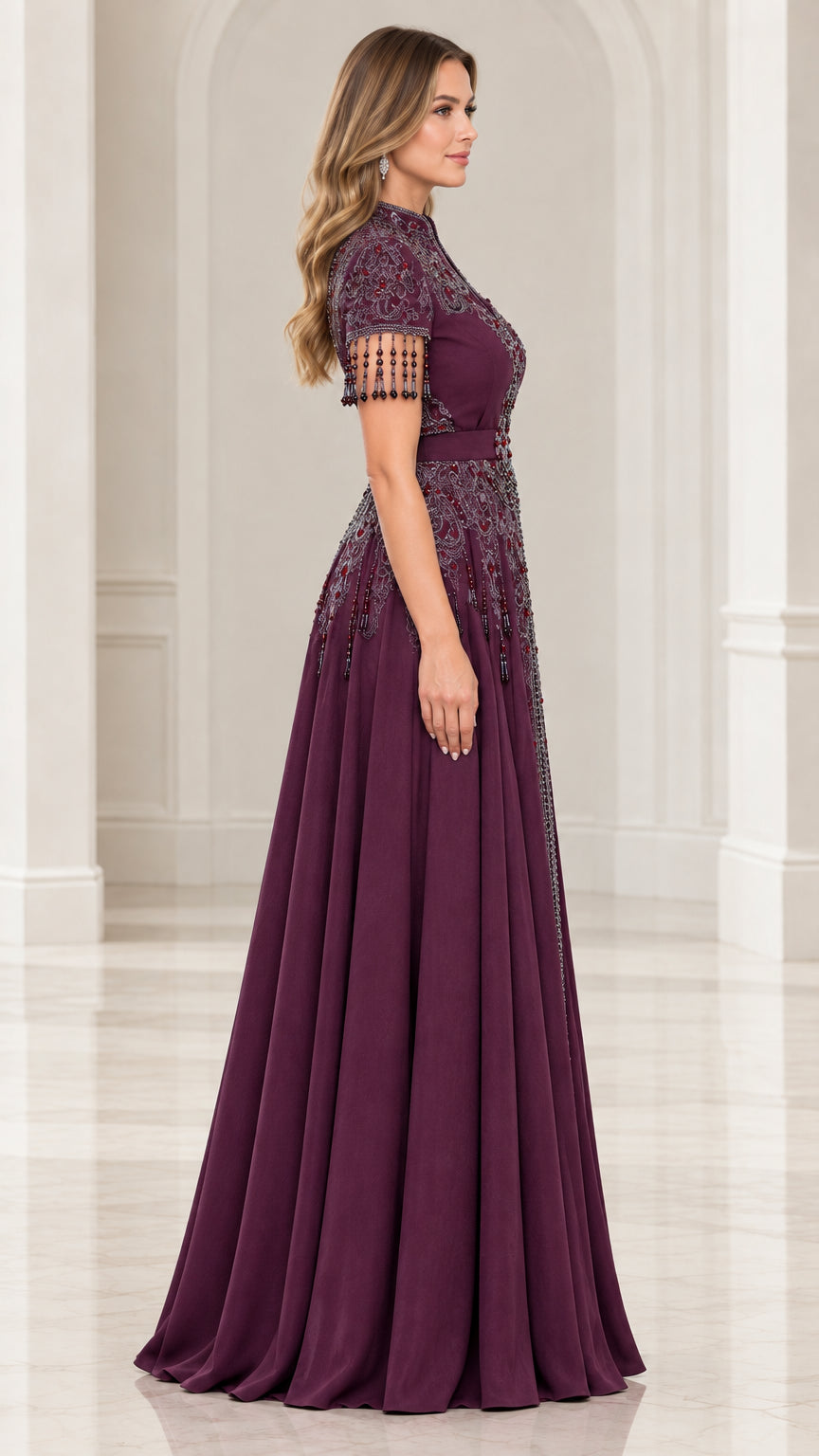 Side view of woman wearing plum beaded floor-length formal gown