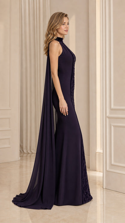Side profile of Deep Plum formal mermaid dress showcasing flowing cape sleeves