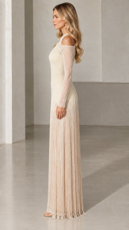 Champagne beaded evening gown with cold shoulder and fringe side view