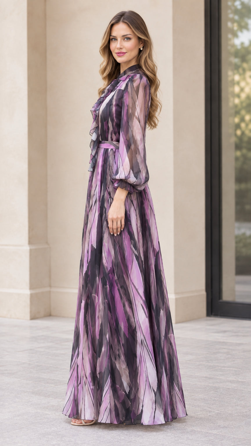 Side profile view of woman wearing purple abstract print long-sleeve maxi dress