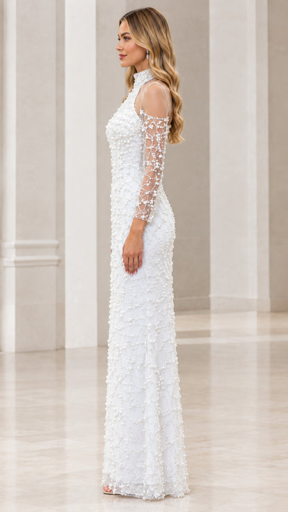 White embellished pearl maxi gown side view