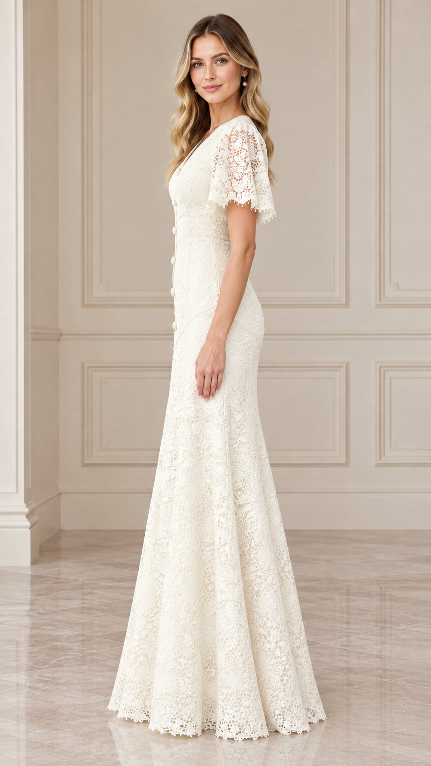 Side profile of woman wearing ivory lace flutter sleeve floor length evening gown