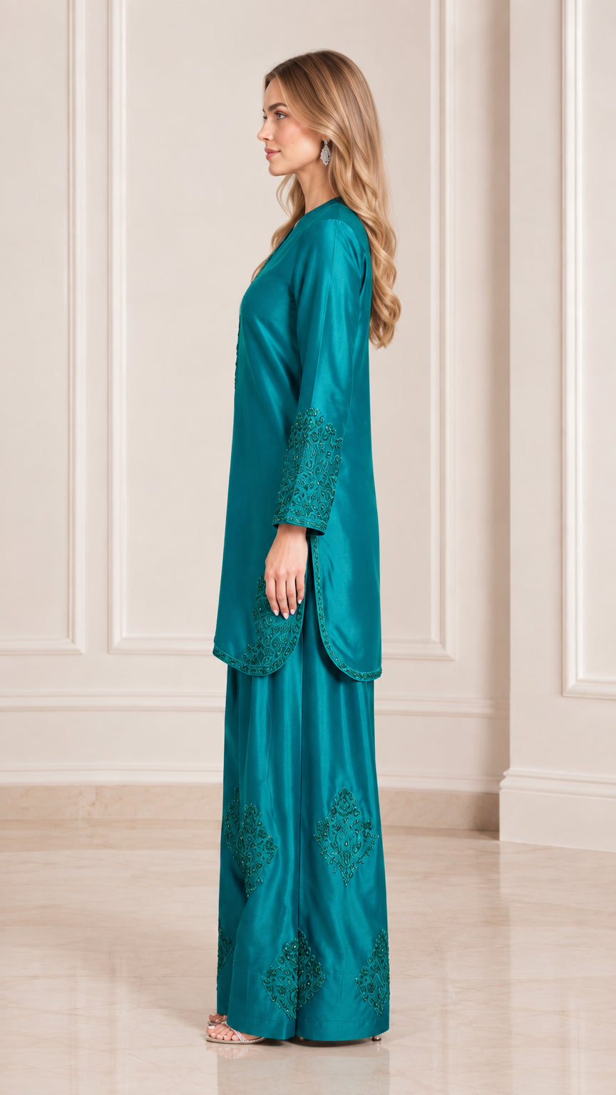 Teal satin embroidered tunic and pant set side profile view