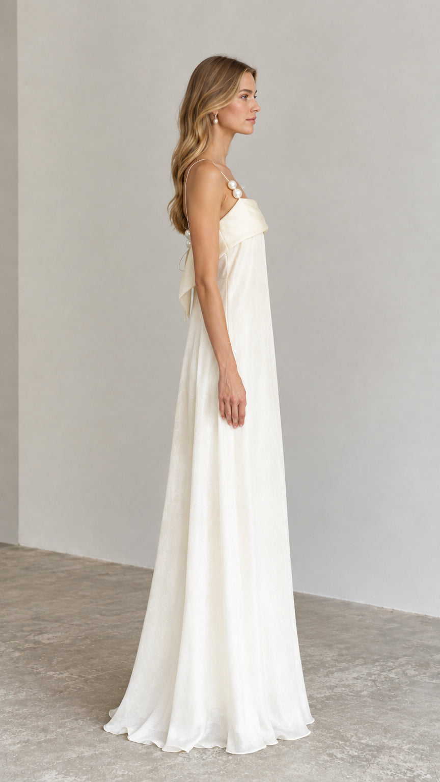 Ivory low back formal slip dress side view
