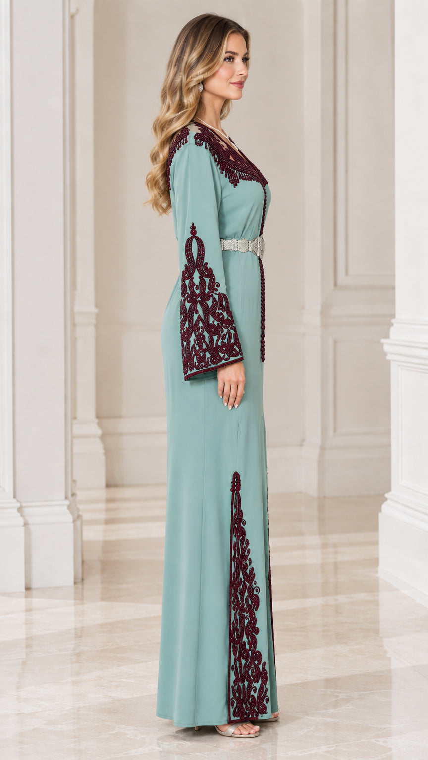 Side profile view of Sage Green embroidered caftan gown showcasing side slit and sleeve details