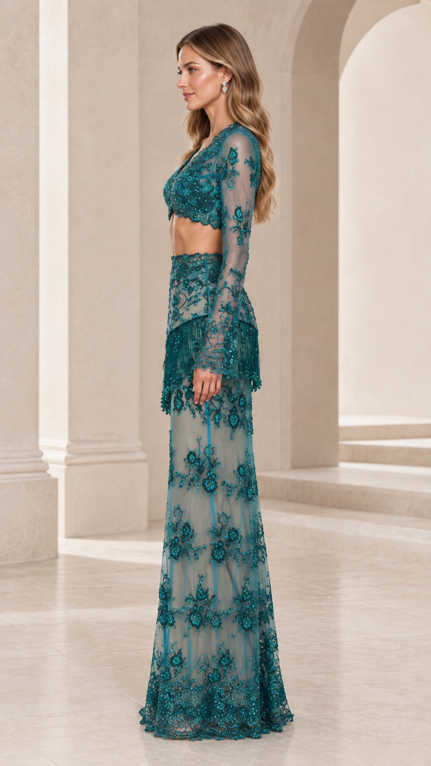 Side profile view of model wearing Teal two-piece lace formal gown set
