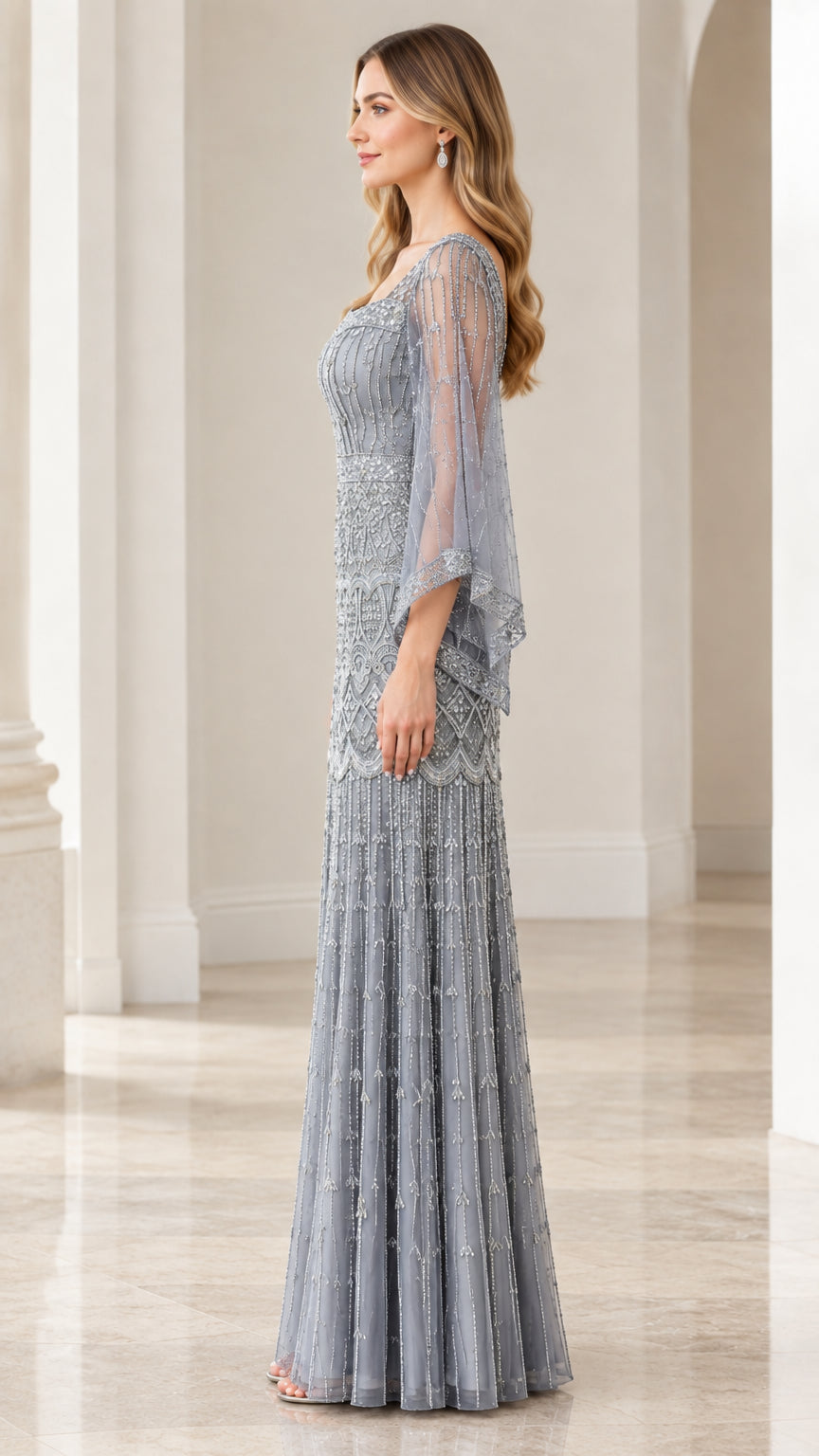 Dusty Blue beaded evening gown side profile view