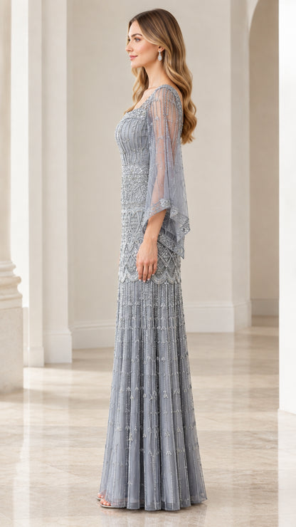 Dusty Blue beaded evening gown side profile view