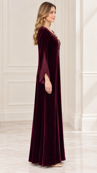 Burgundy long sleeve velvet evening gown side profile