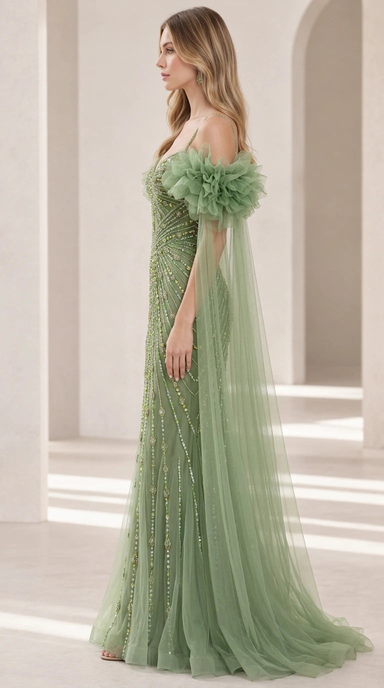 Side profile view of sage green beaded mermaid formal gown showing tulle drape