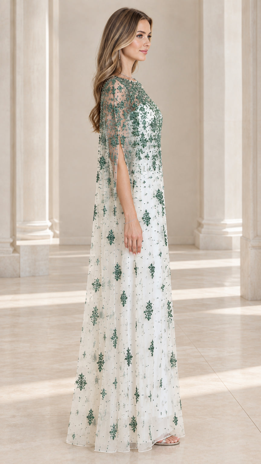 White sequin cape formal maxi dress side profile view