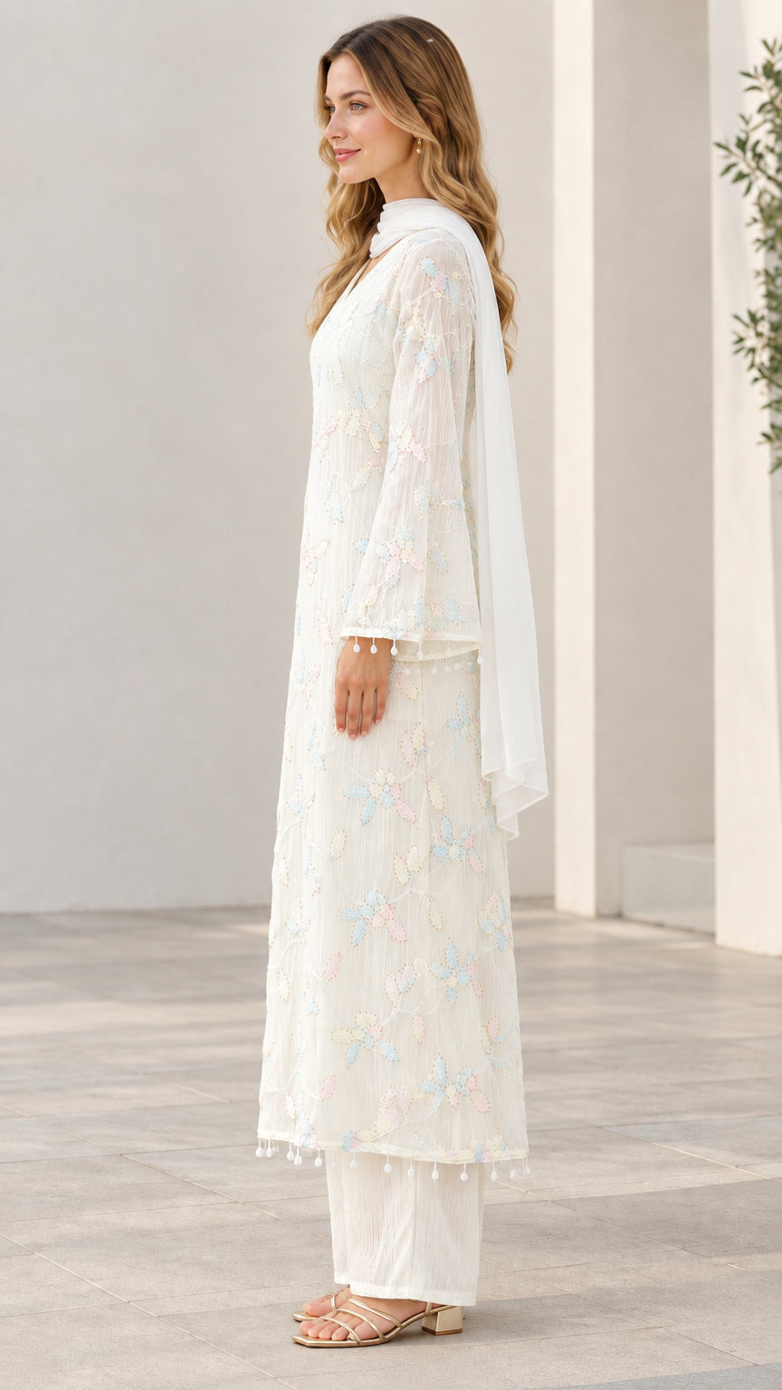 Side profile of model in white floral embroidered longline tunic and pants