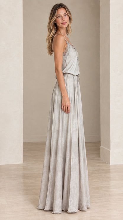 Model wearing silver grey lace-trim cami maxi dress side profile