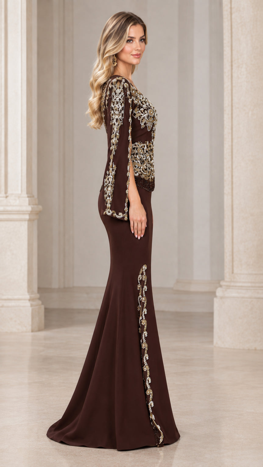 Side profile of Chocolate Brown floor-length cape sleeve formal gown with beaded slit trim
