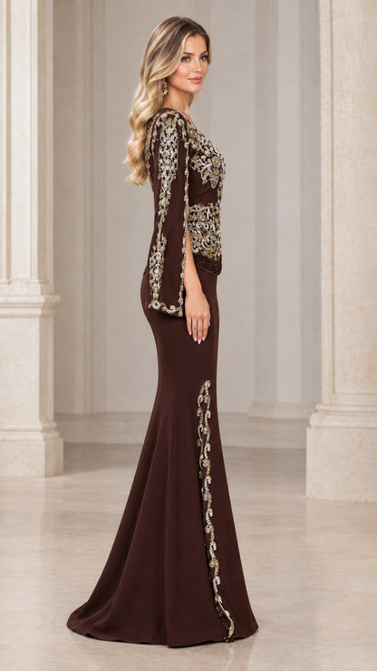Side profile of Chocolate Brown floor-length cape sleeve formal gown with beaded slit trim