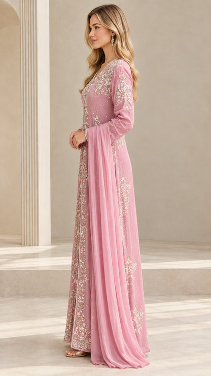 Side angle view of dusty rose embroidered evening dress showcasing floor-length drape