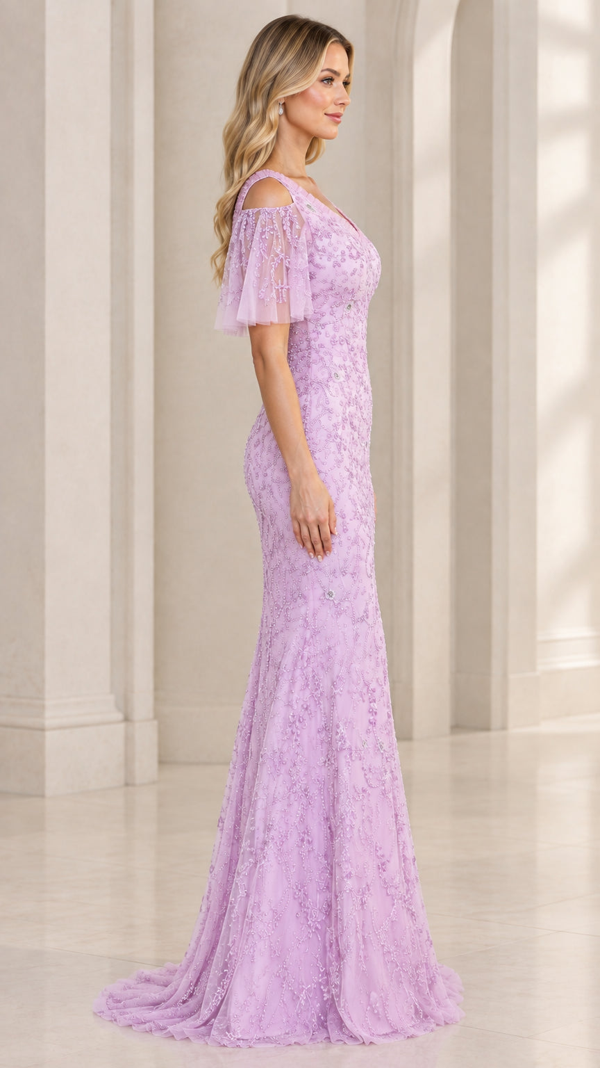 Side profile view of lavender mermaid formal gown with sheer flutter sleeves