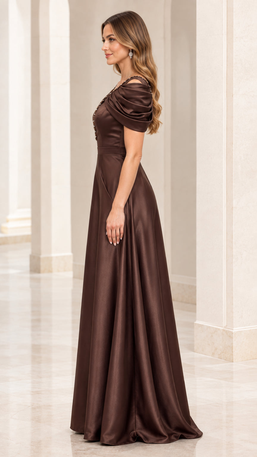 Side profile view of Chocolate Brown draped sleeve satin formal maxi dress