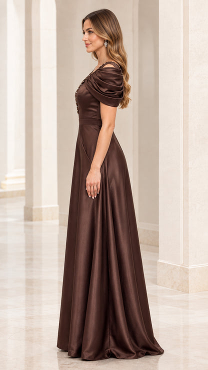 Side profile view of Chocolate Brown draped sleeve satin formal maxi dress