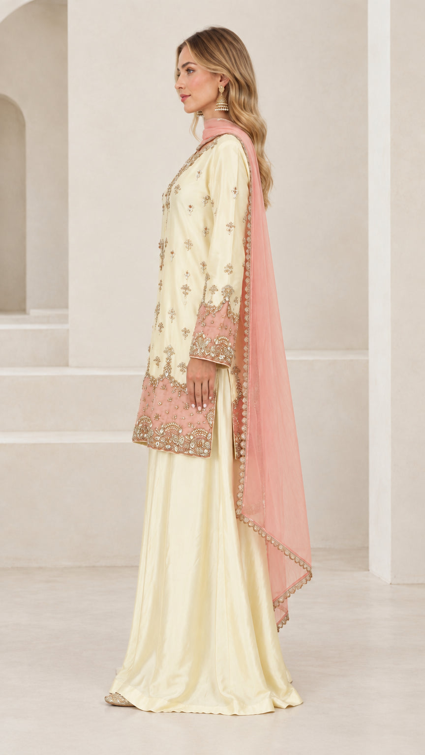 Side profile of women's cream embroidered tunic with flared pants and dupatta