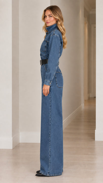 Side profile view of woman wearing medium blue denim wide leg jumpsuit