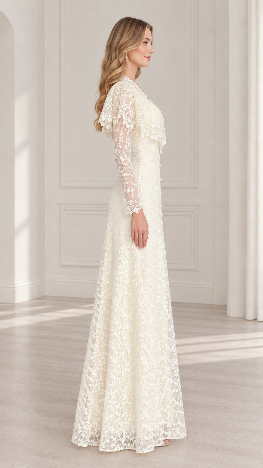 Ivory lace capelet maxi gown side profile view