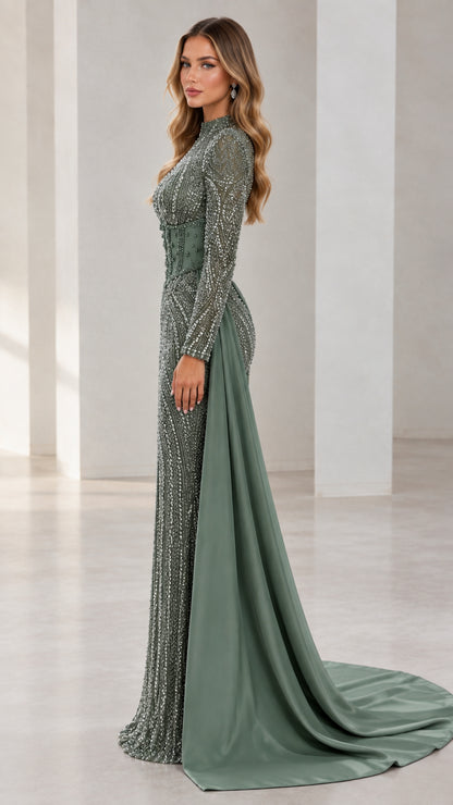 Side profile of Sage Green beaded formal dress showing long sleeves and flowing train