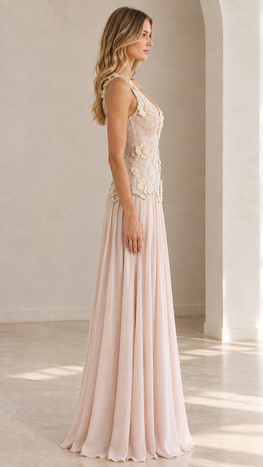 Side profile view of Blush Pink embroidered bodice evening gown