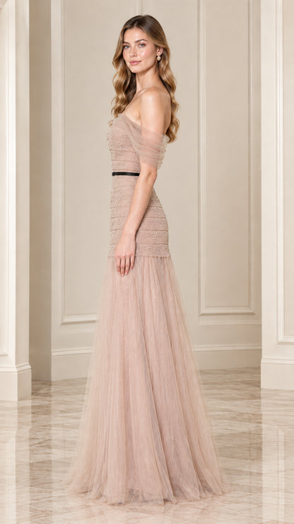 Side profile of champagne drop-waist beaded tulle formal dress