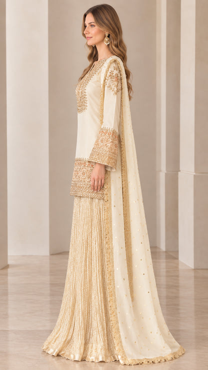 Cream gold-embroidered ethnic tunic and wide leg sharara side view