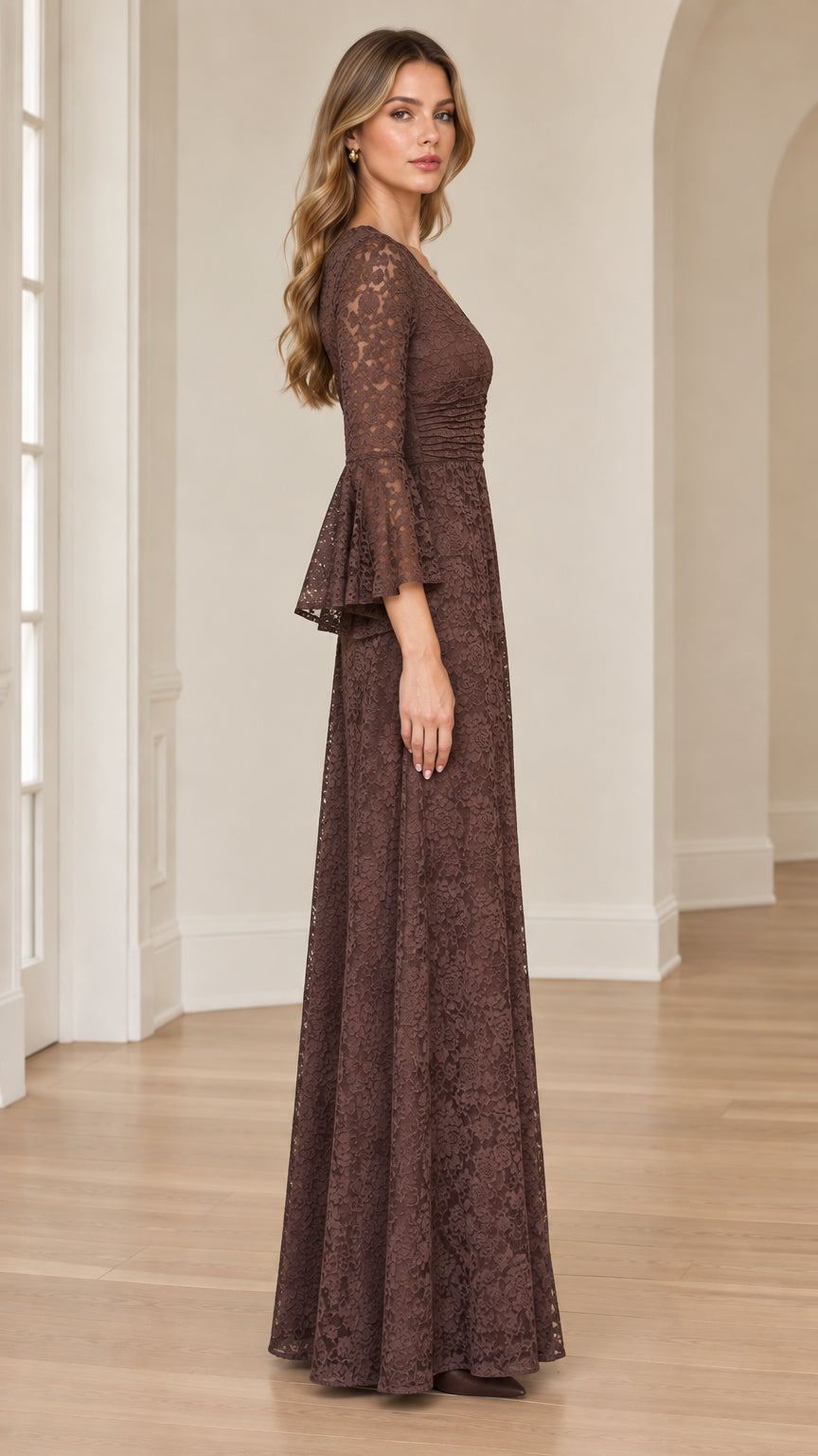 Side profile view of chocolate brown lace evening gown