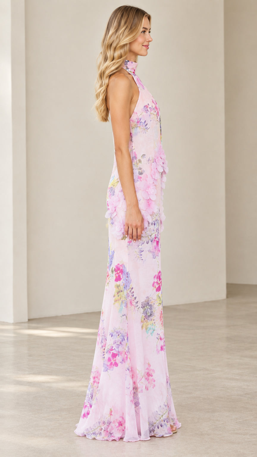 Side profile view of Blush Pink floral print halter maxi dress
