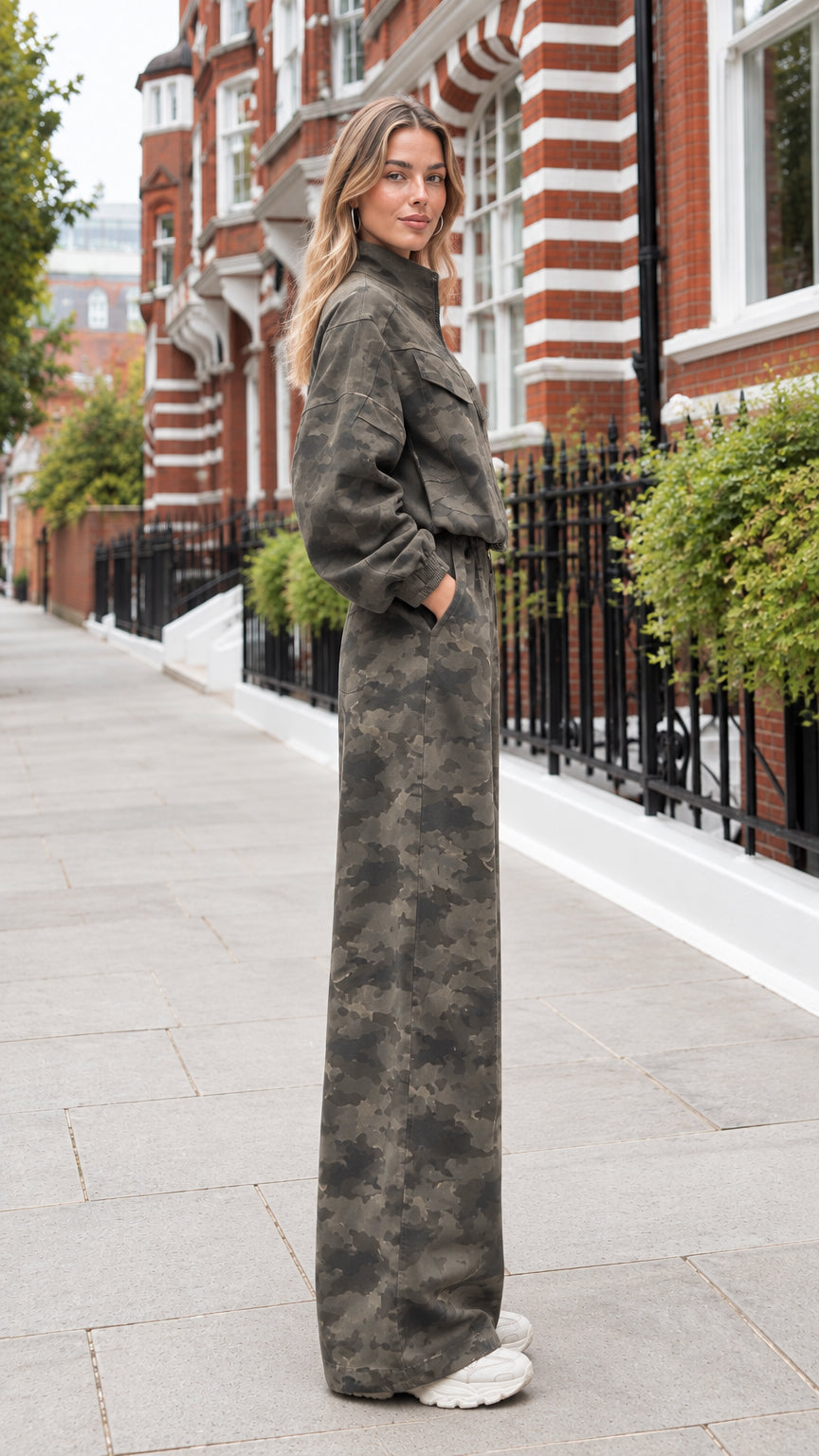 Side profile view of dark olive camouflage matching two-piece set