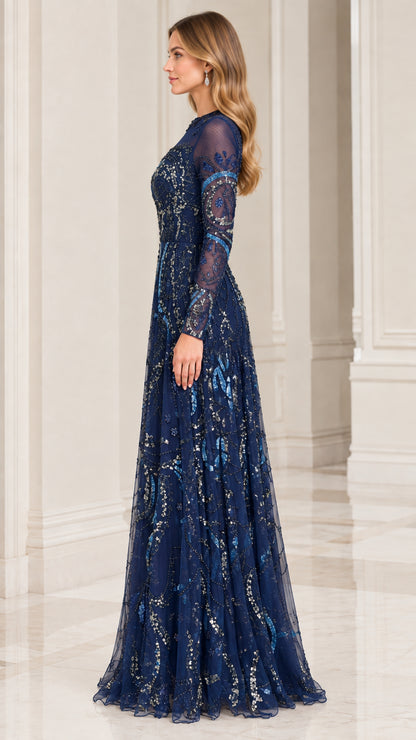 Side profile view of navy blue sequin formal gown showing flowing floor length skirt