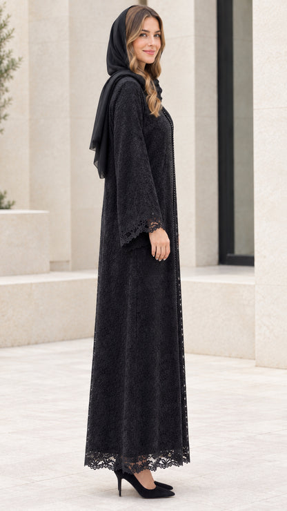 Side full view of women's black lace abaya maxi dress set