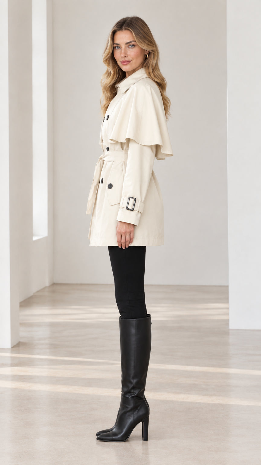 Side-angle view of Cream capelet trench coat showing shoulder layer and sleeve cuff buckles