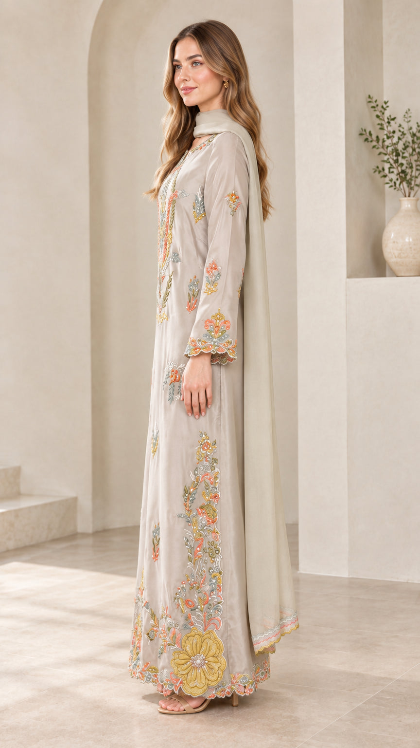 Silver grey embroidered kaftan gown side profile view