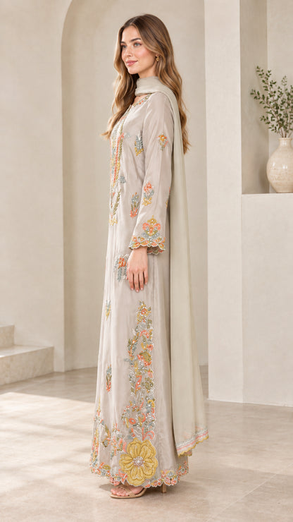 Silver grey embroidered kaftan gown side profile view