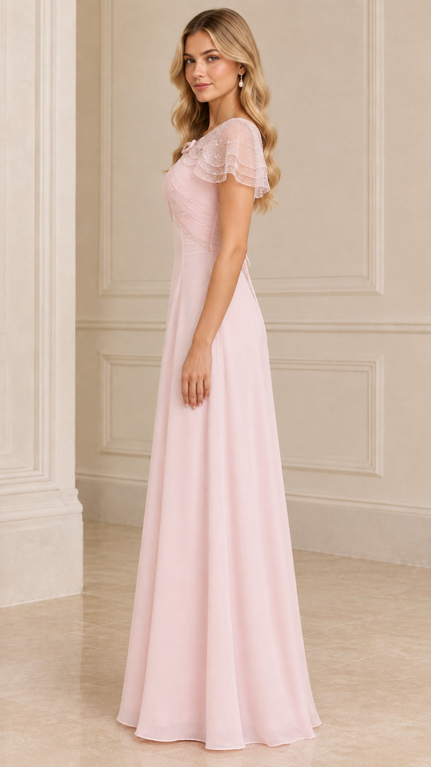 Side profile view of blush pink formal capelet maxi dress