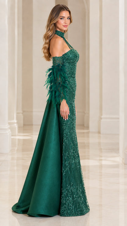 Side profile of Emerald Green formal evening gown showing overskirt volume and fitted mermaid silhouette