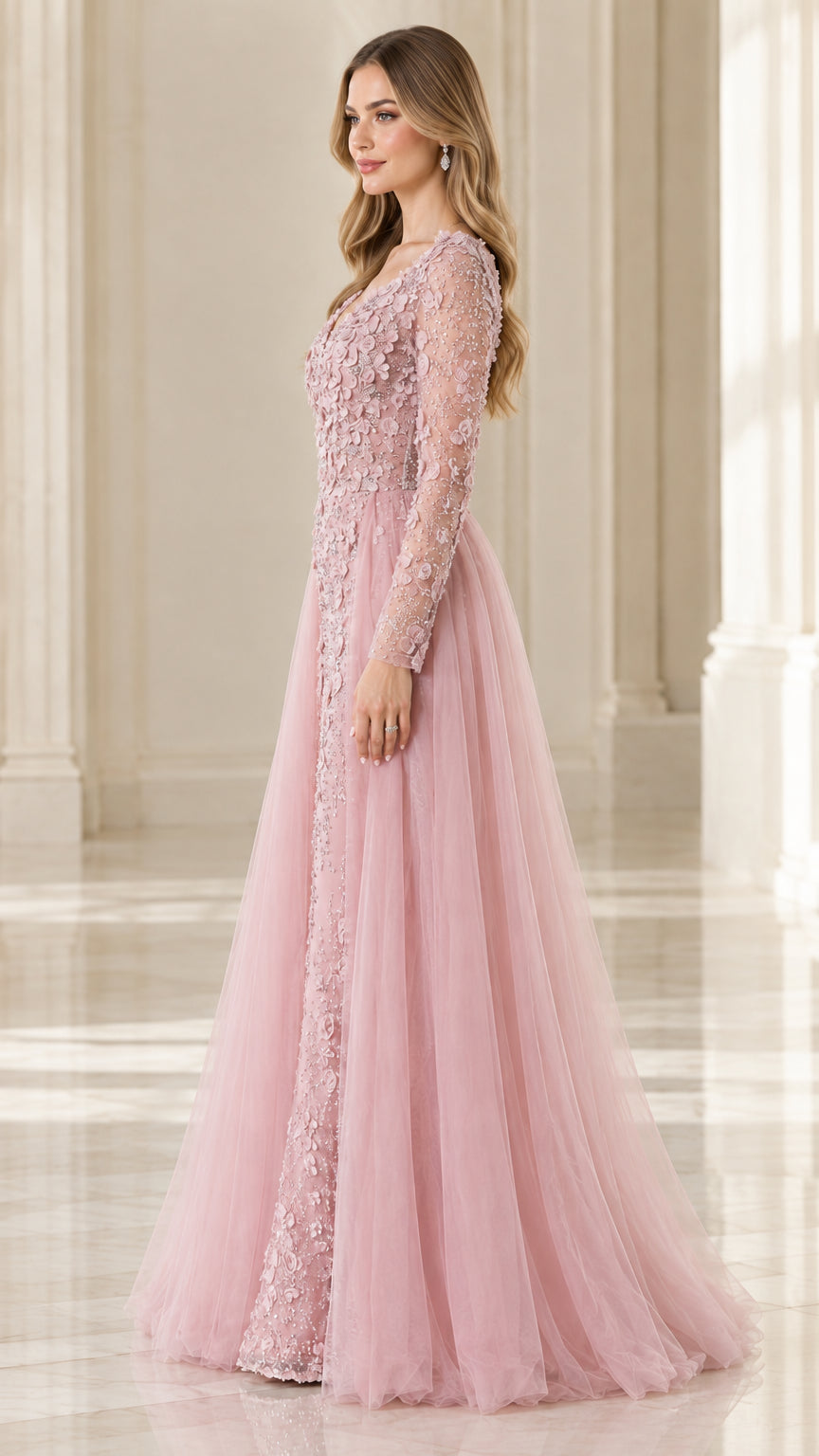 Dusty pink embroidered formal dress with tulle train, side angle view