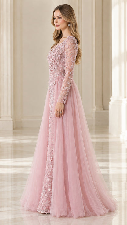 Dusty pink embroidered formal dress with tulle train, side angle view