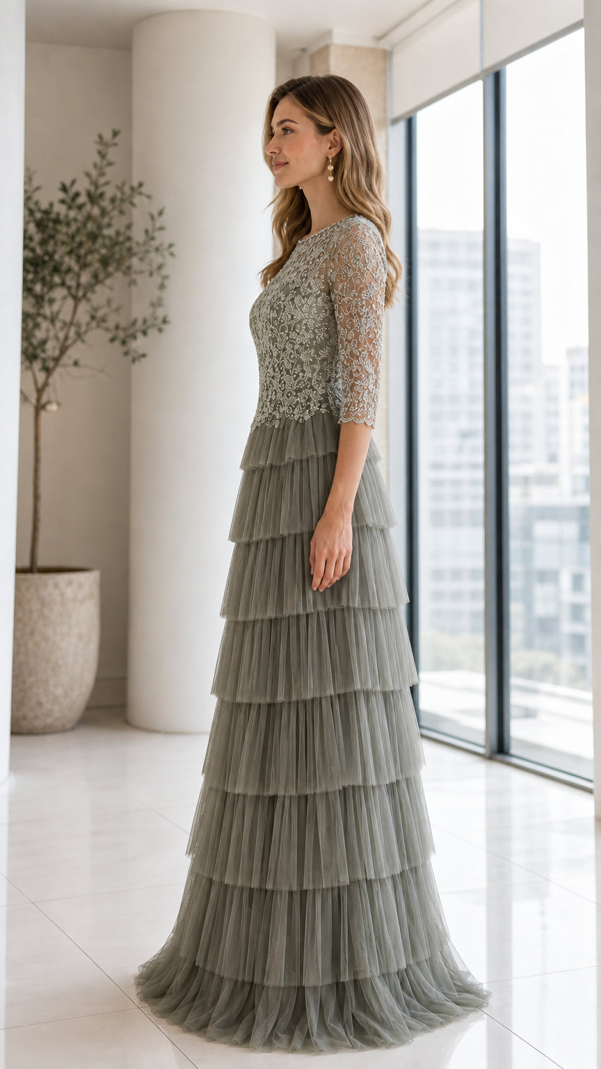Side profile of Sage Green 3/4 sleeve formal evening gown