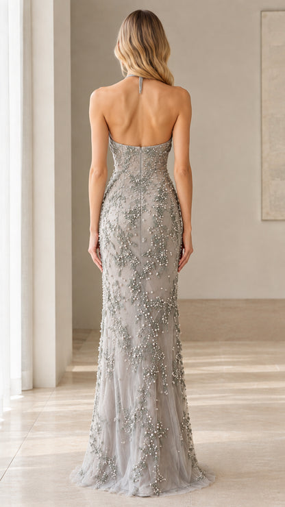 Back view of Silver Grey halter gown showing open back detail