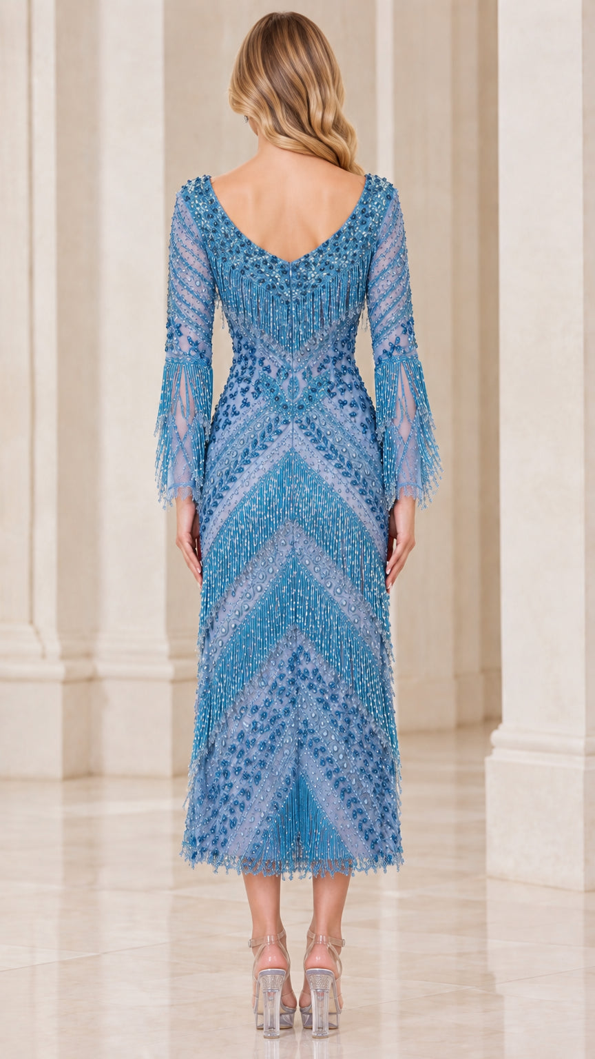 Back view of Dusty Blue beaded midi dress featuring V-neckline and geometric beading