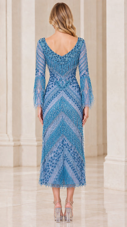 Back view of Dusty Blue beaded midi dress featuring V-neckline and geometric beading
