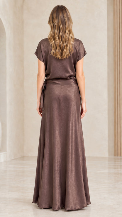 Back view of woman wearing elegant Mocha Brown short sleeve satin maxi dress