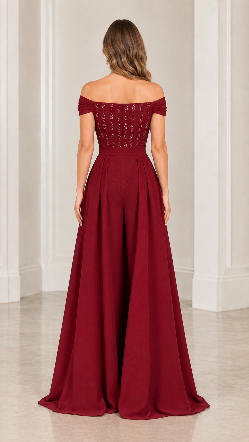 Back view of burgundy off-the-shoulder evening jumpsuit showing fit and flow