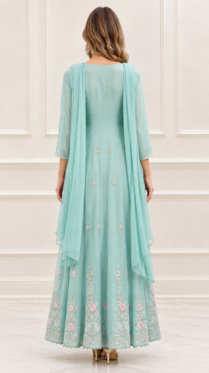 Back view of mint green scoop back maxi dress with drape scarf